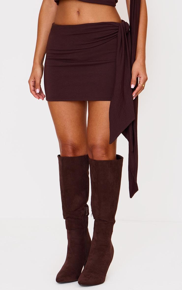 Petite Chocolate Contour Jersey Tie Detail Foldover Mini Skirt Product Image