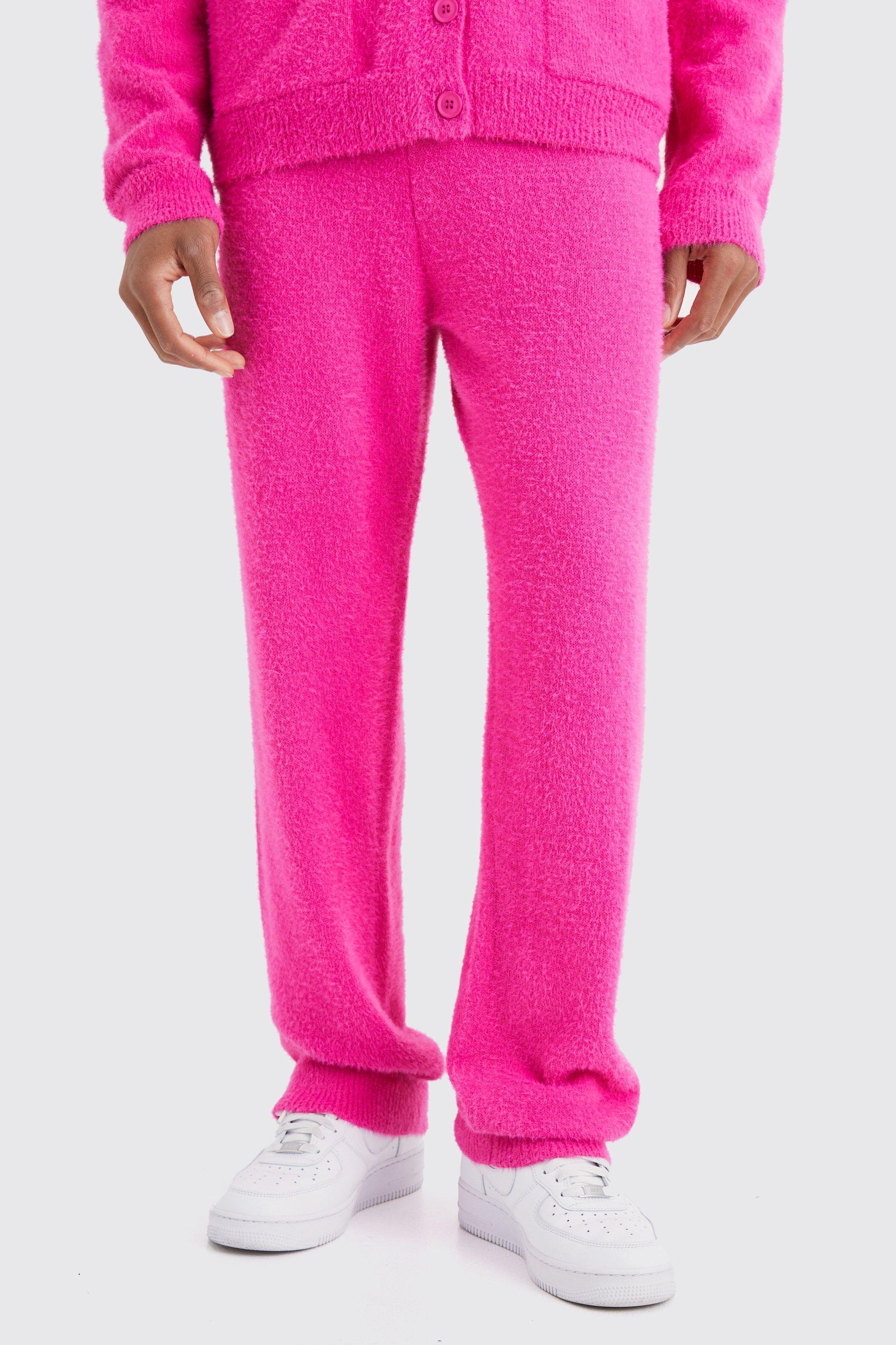 Mens Pink Relaxed Fluffy Knitted Joggers, Pink Product Image