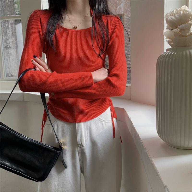 Long-Sleeve Scoop Neck Plain Drawstring Ribbed Knit Top Product Image