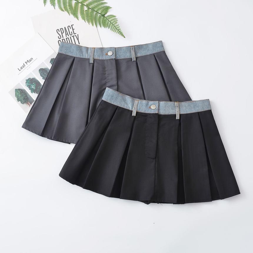 High Waist Pleated Panel Denim Mini A-Line Skirt Product Image