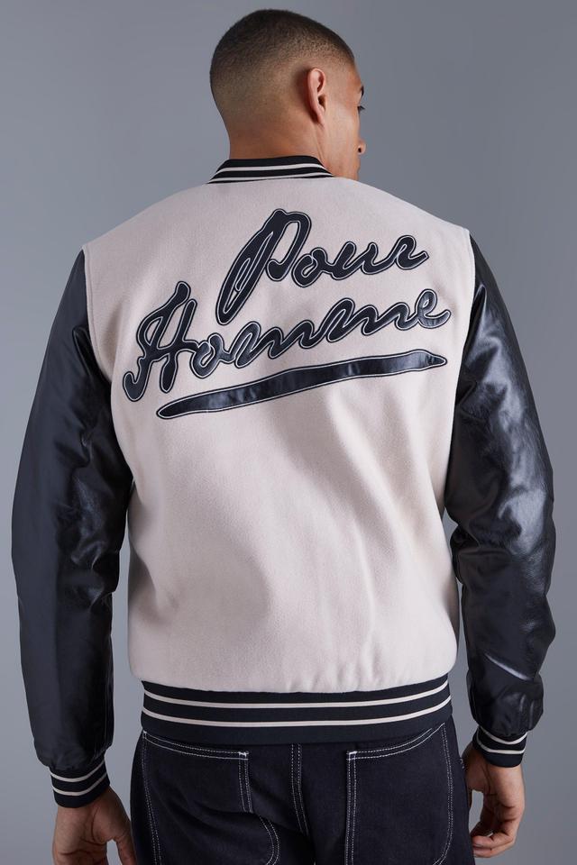 Pour Homme Varsity Jacket With Pu Sleeves | boohooMAN USA Product Image