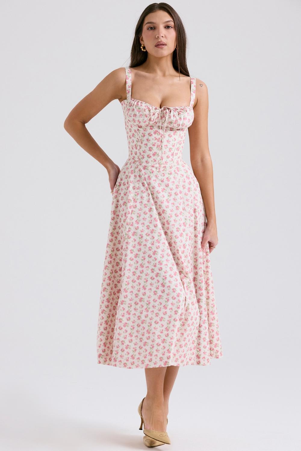 Carmen White Rosebud Print Cotton Bustier Sundress Product Image