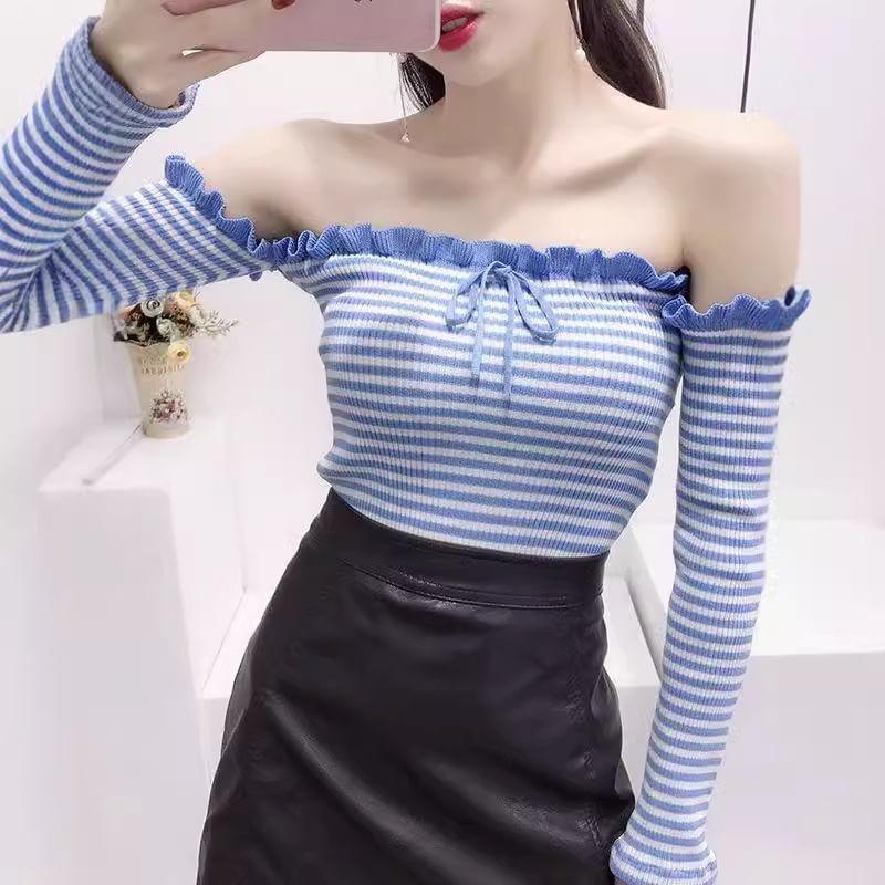 Long-Sleeve Off Shoulder Striped Knit Top Product Image