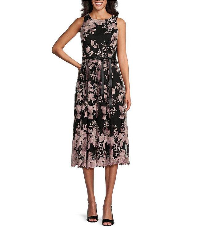 Alex Evenings Petite Size Sleeveless Crew Neck Tie Waist Floral Embroidered Tulle Midi Dress Product Image