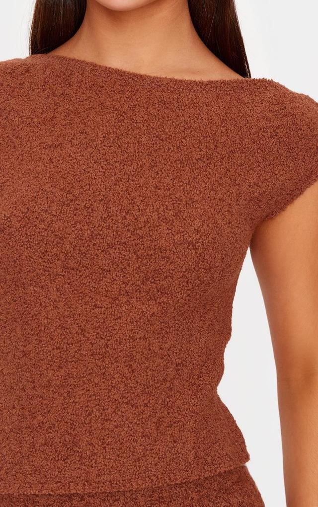 Mocha Fluffy Boucle Knit Asymmetric Ruched Shoulder Top Product Image