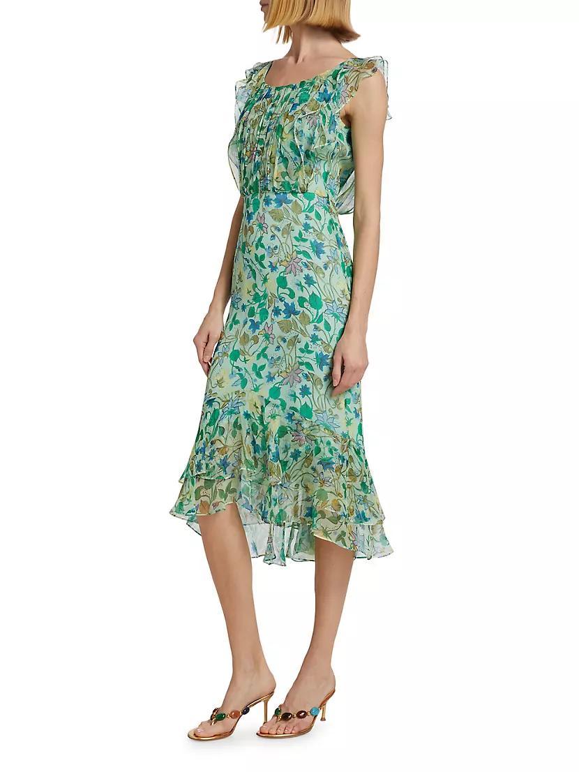 Aisha Ruffled Floral Silk Midi-Dress Product Image