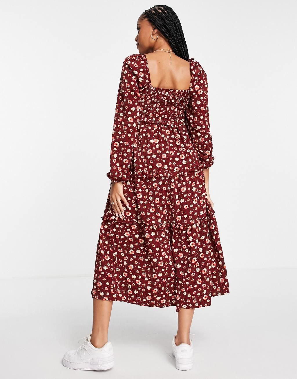 Missguided Maternity floral tiered midaxi dress in burgundy Product Image