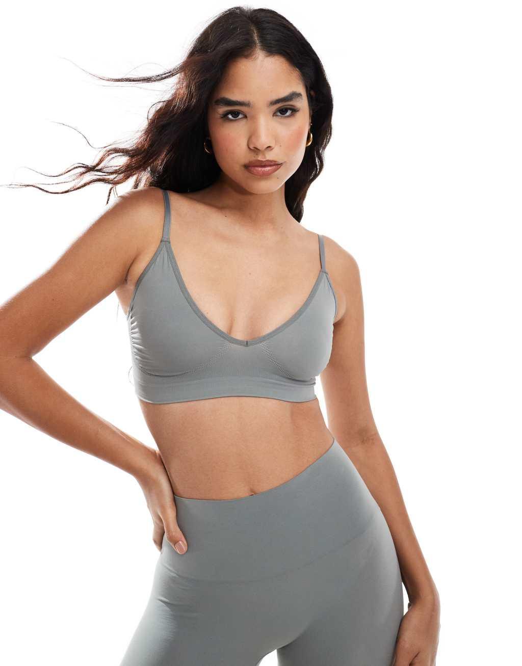 Vero Moda seamless deep v bra top in sage green - part of a set product image