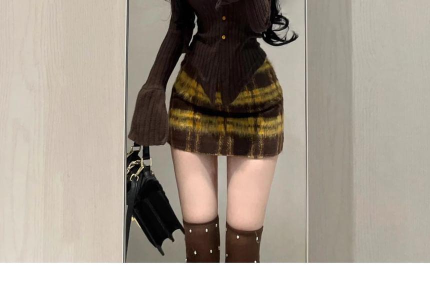 Long Sleeve Collared Plain Button Ribbed Top / High Waist Plaid Mini Pencil Skirt Product Image