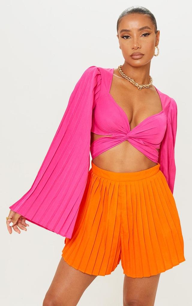 Hot Pink Contrast Twist Front Pleated Romper Product Image