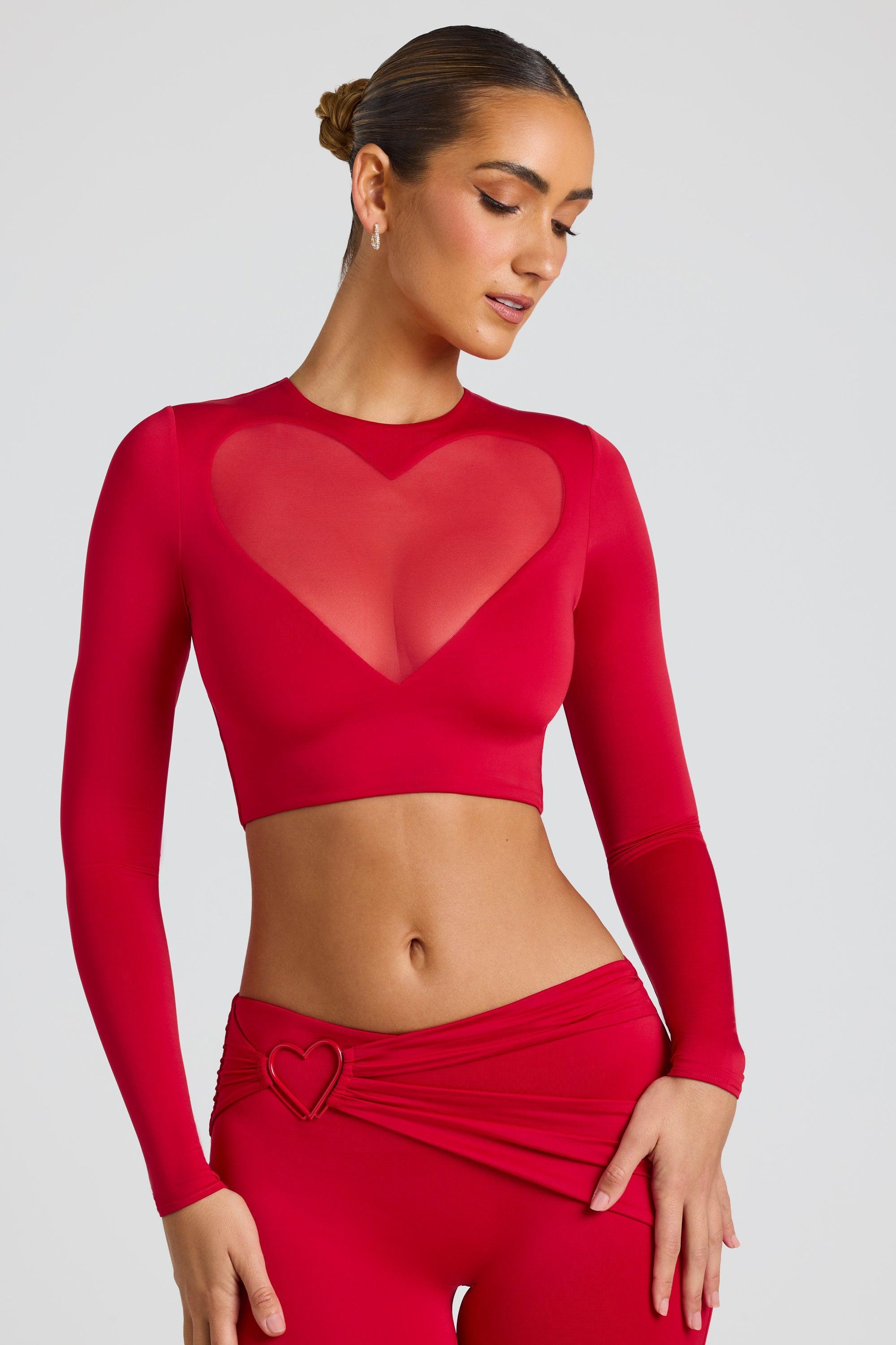 Sheer Panelled Long Sleeve Crop Top in Fire Red Product Image