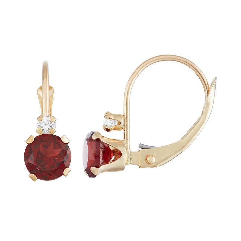 Designs by Gioelli 10k Gold Round-Cut Garnet & White Zircon Leverback Earrings, Womens, Red Product Image