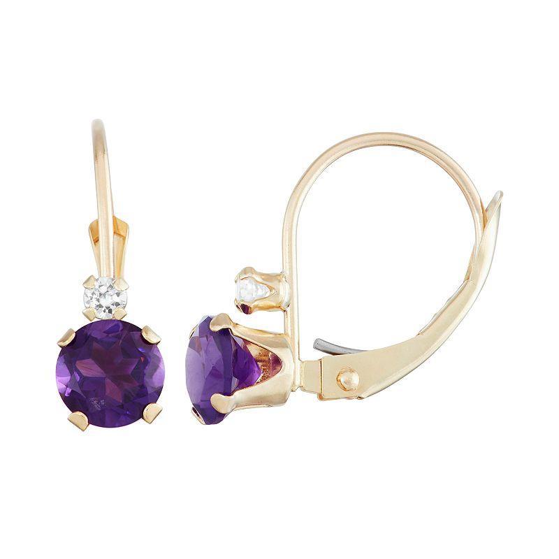 Designs by Gioelli 10k Gold Round-Cut Amethyst & White Zircon Leverback Earrings, Womens, Purple Product Image