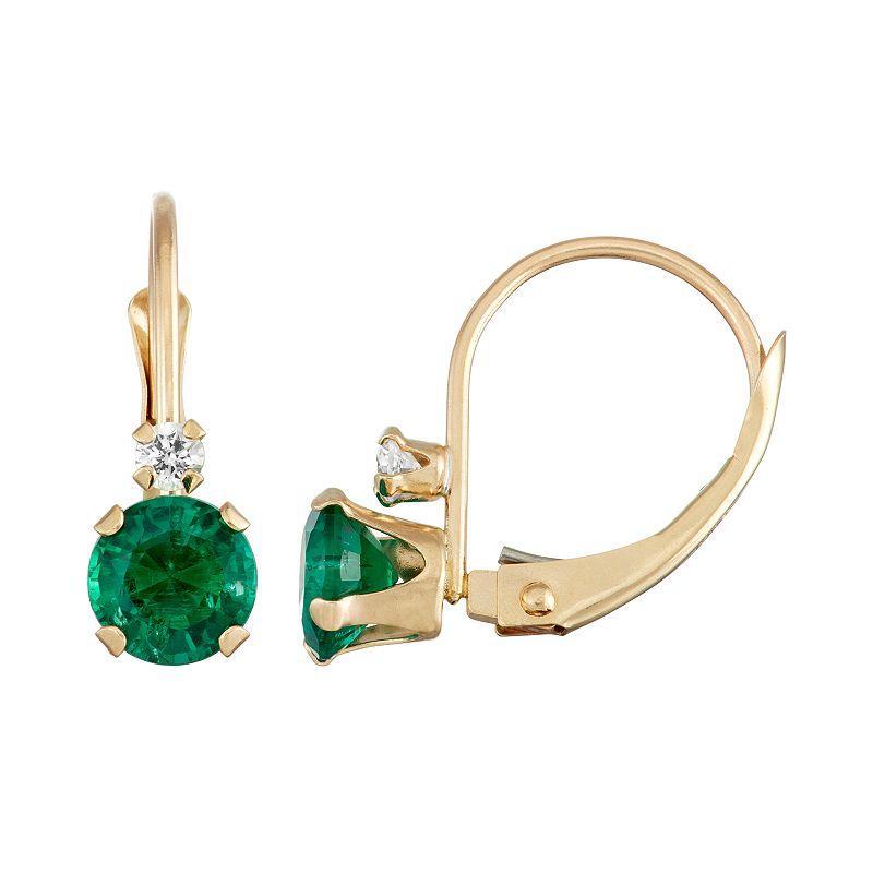 Designs by Gioelli 10k Gold Round-Cut Lab-Created Emerald & White Zircon Leverback Earrings, Womens, Green Product Image