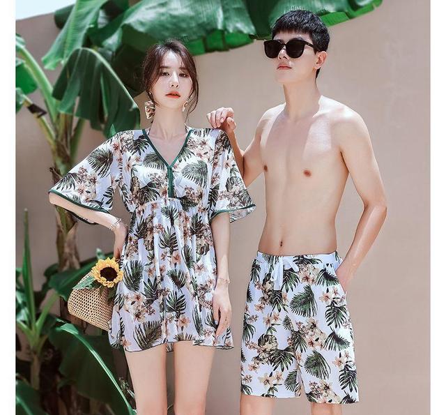 Couple Matching Leaf Print Swim Trunks / Short-Sleeve Swim Dress Product Image