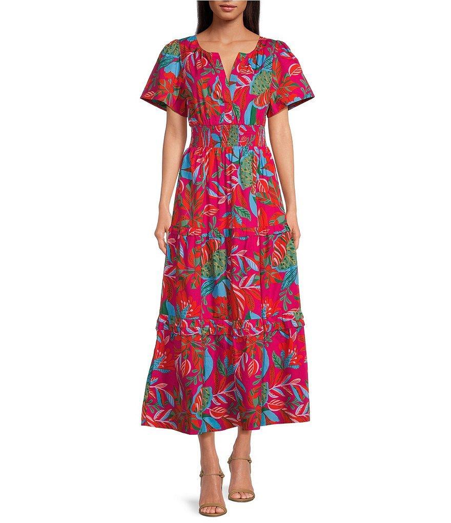 Sugarlips Poplin Floral Print Ruffle Split V-Neck Short Sleeve Side Seam Pocket Smocked Waist A-Line Maxi Dress Product Image