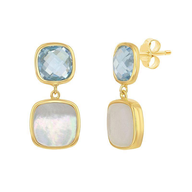 Sterling Silver 14K Gold Plated Blue Topaz Mop Earrings, Womens Gold Tone Product Image