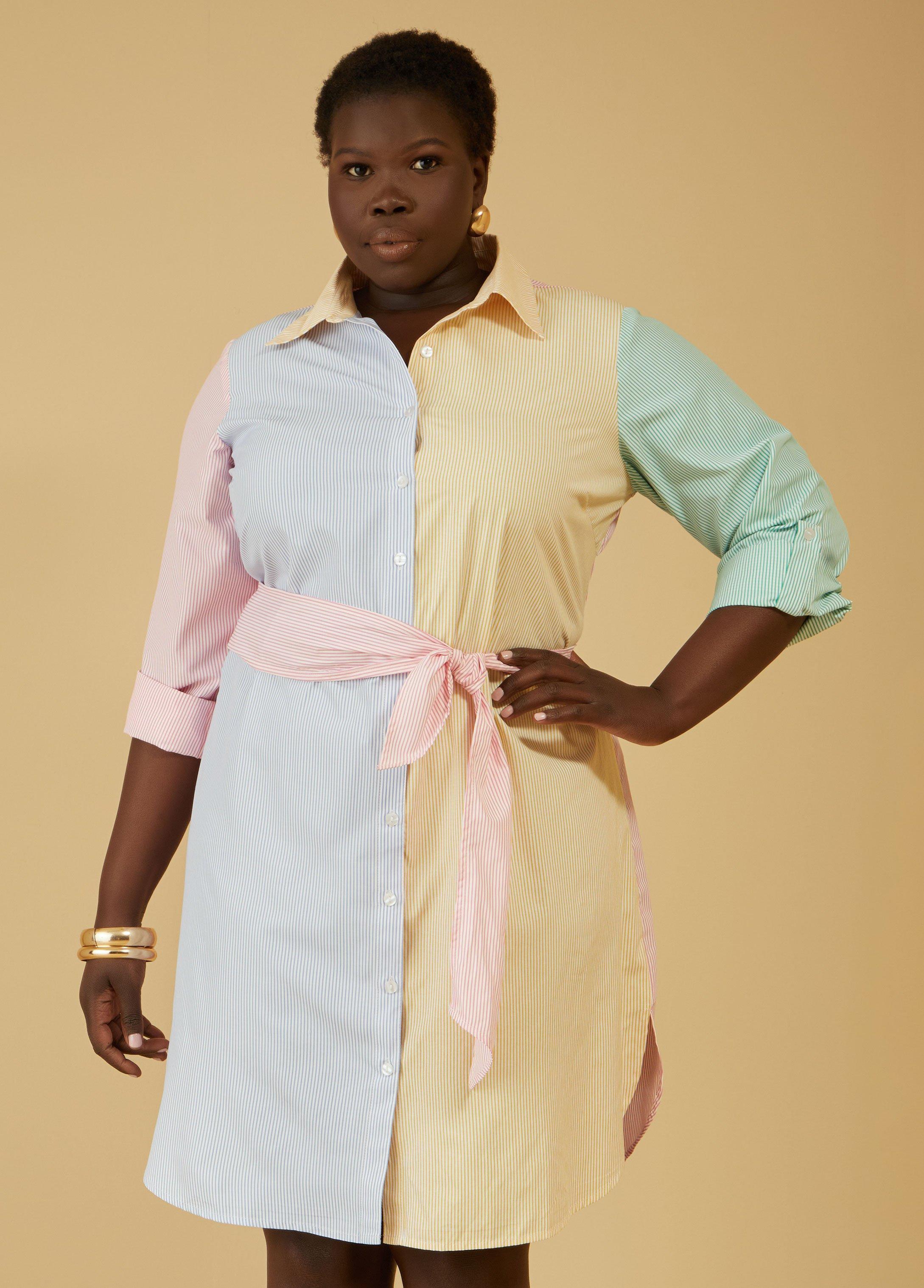 Plus Size Belted Striped Poplin Shirtdress Ashley Stewart product image