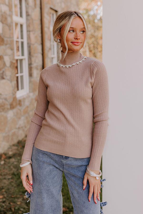 Glam Feeling Rhinestone Embellished Knit Top in Taupe Product Image