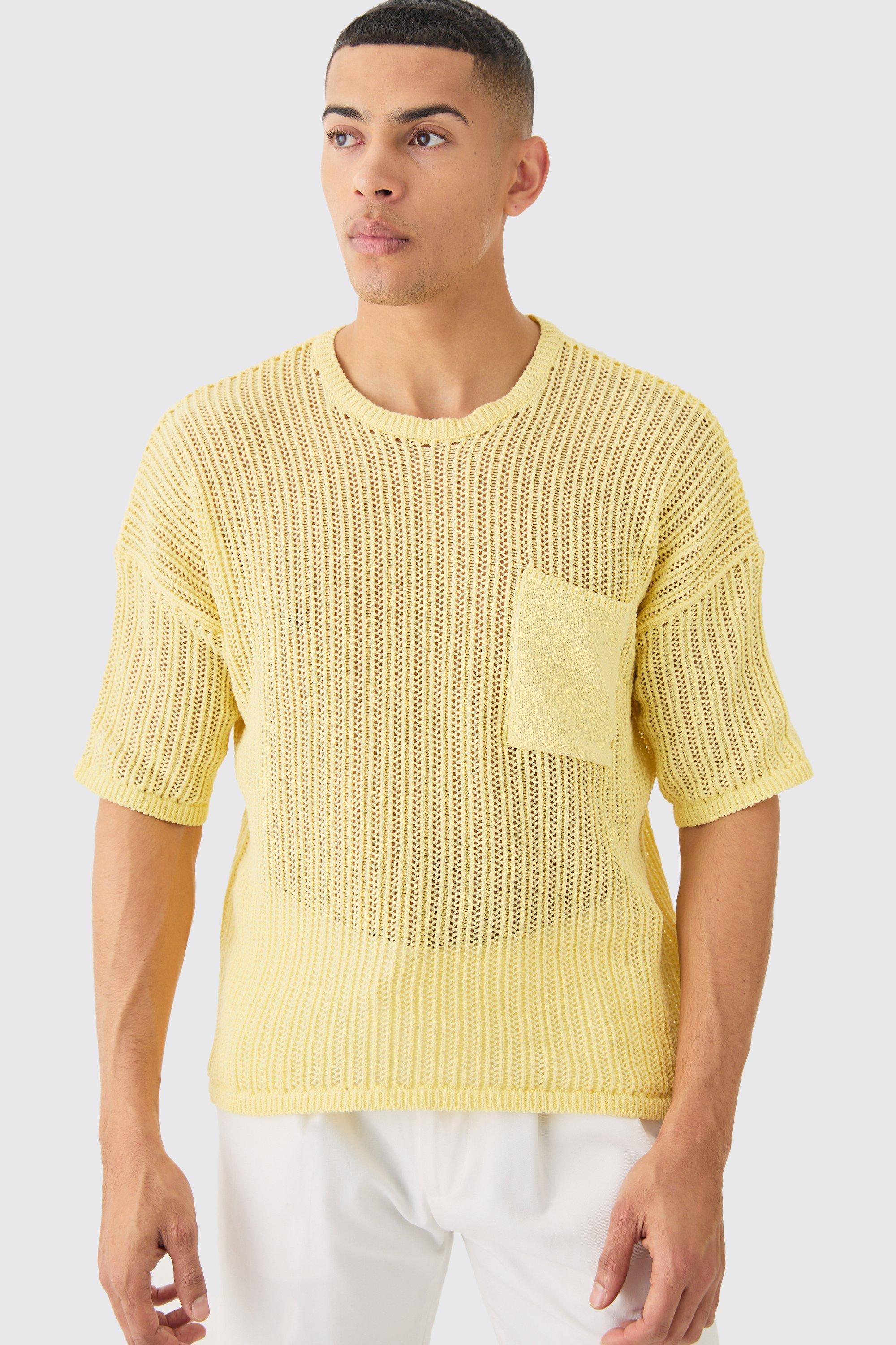 Mens Oversized Open Stitch Pocket T-shirt In Yellow, Yellow Product Image