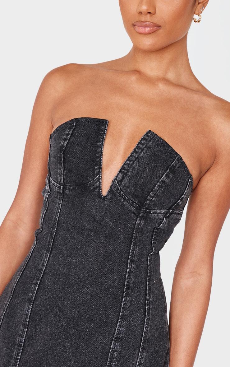 Black Plunge Detail Strapless Denim Mini Dress Product Image