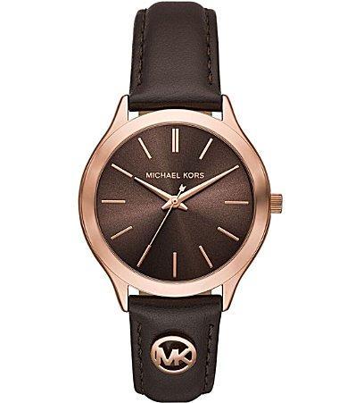 Michael Kors Womens Slim Runway Three-Hand Chocolate Leather Strap Watch Product Image