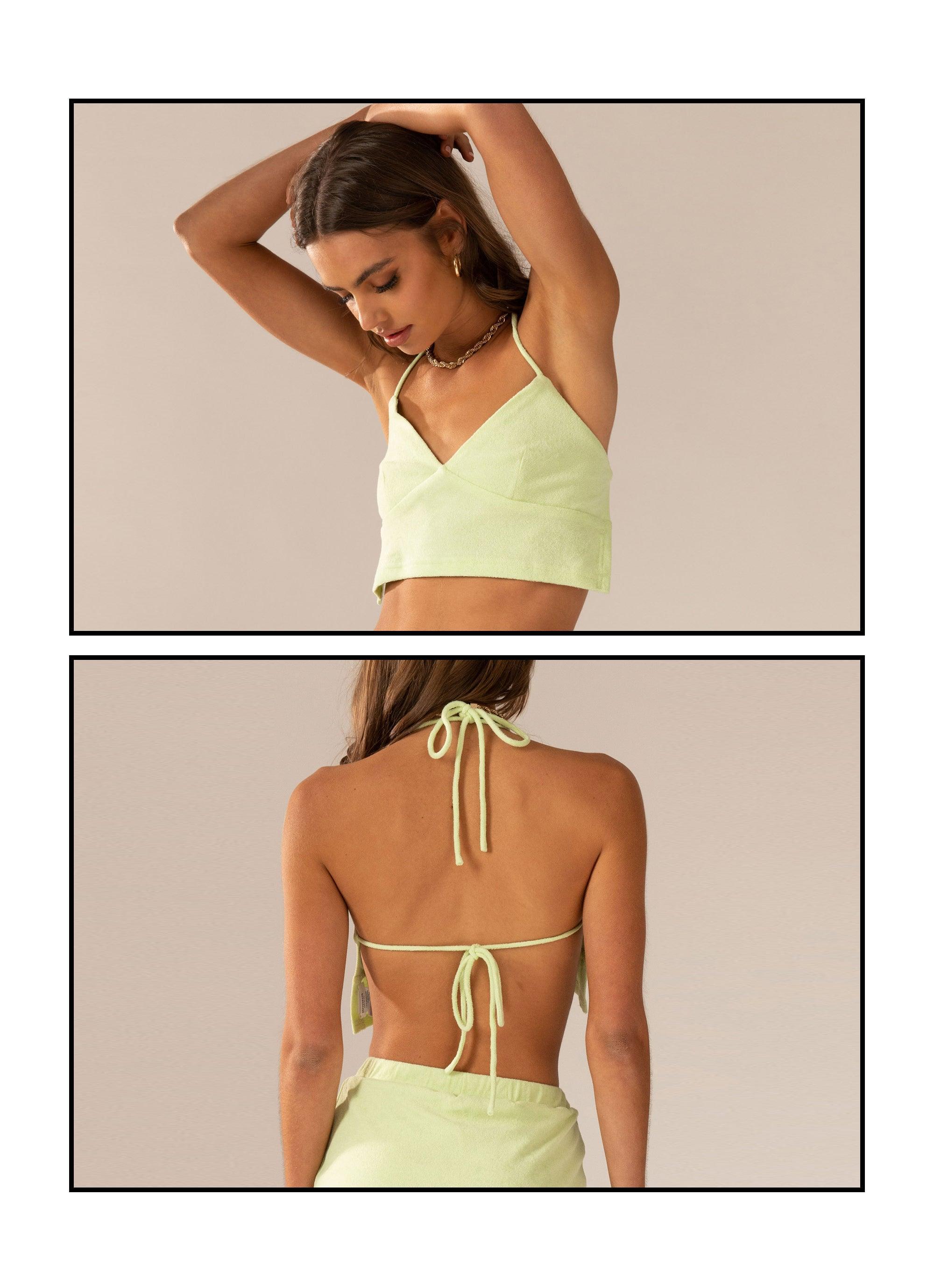 Warmer Water Terry Halter Crop - Lime Green Product Image