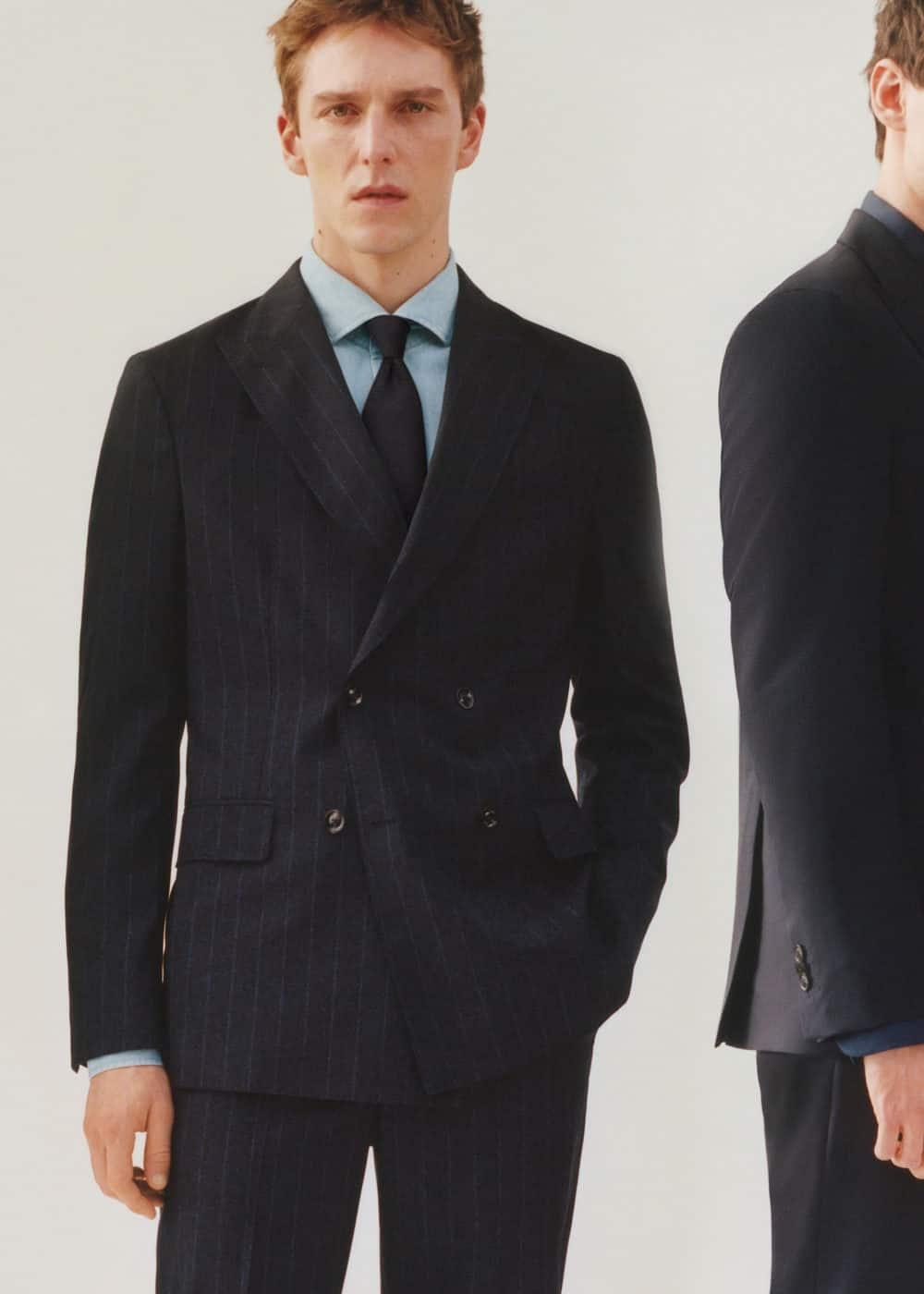 MANGO MAN - Wool pinstripe double-breasted suit blazer dark navyMen Product Image