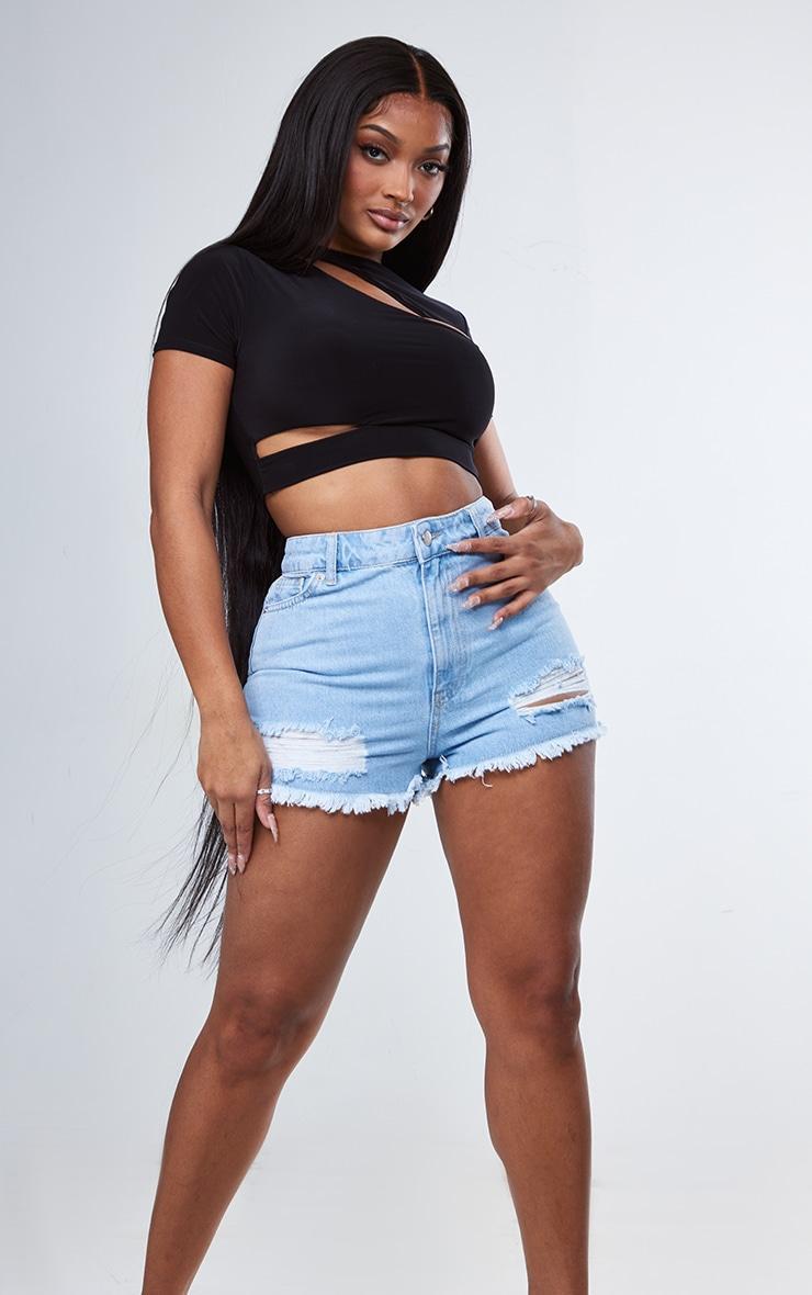 PRETTYLITTLETHING Shape Light Blue Wash Ripped Hem Denim Shorts product image