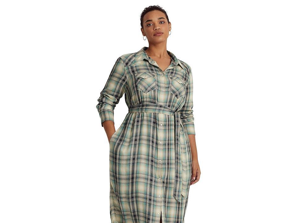 Lauren Ralph Lauren Plus Size Plaid Twill Shirtdress (Blue/Green ) Women's Dress Product Image