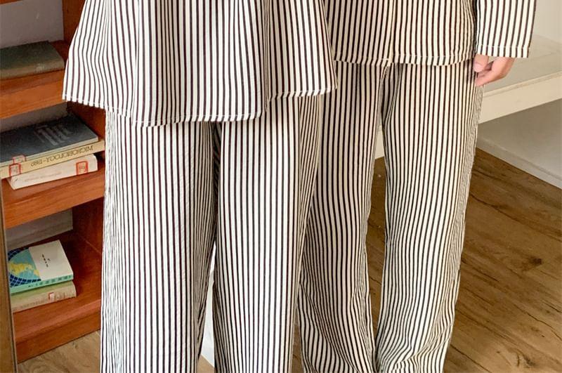 Couple Matching Long-Sleeve Striped Pajama Top / Pants / Midi Sleep Dress / Set (Various Designs) Product Image