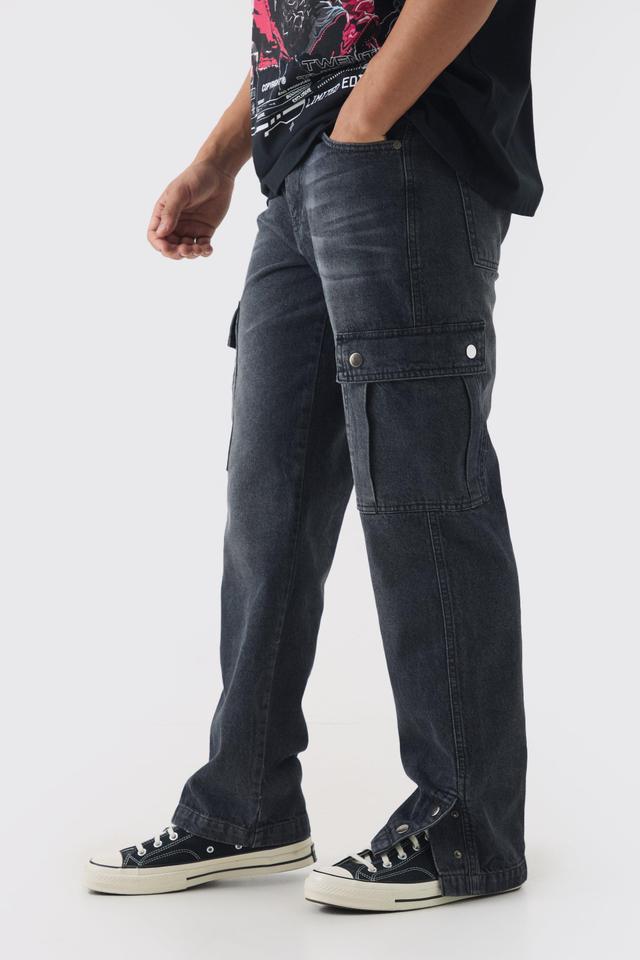 Relaxed Rigid Popper Hem Cargo Jeans | boohooMAN USA Product Image