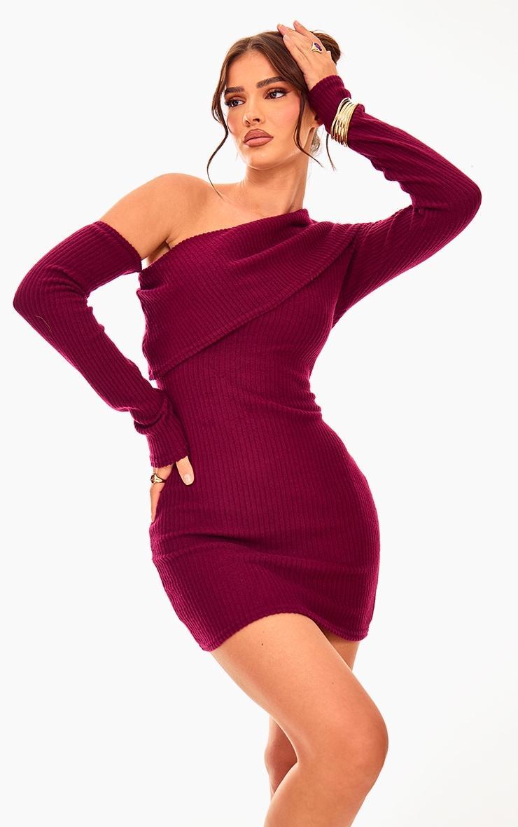 Burgundy Ribbed Long Sleeve One Shoulder Asymmetric Bardot Mini Dress Product Image