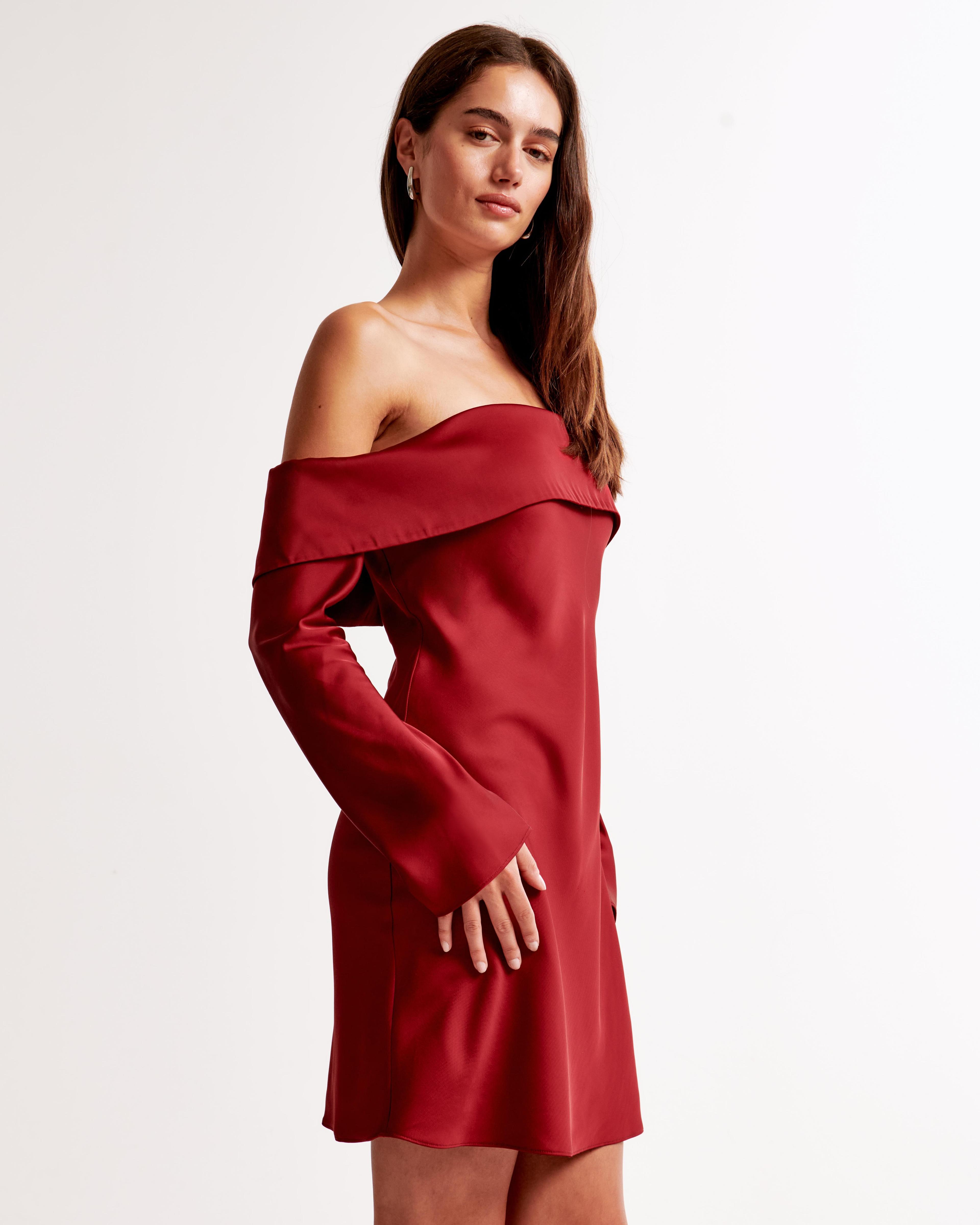 Long-Sleeve Off-The-Shoulder Satin Mini Dress Product Image