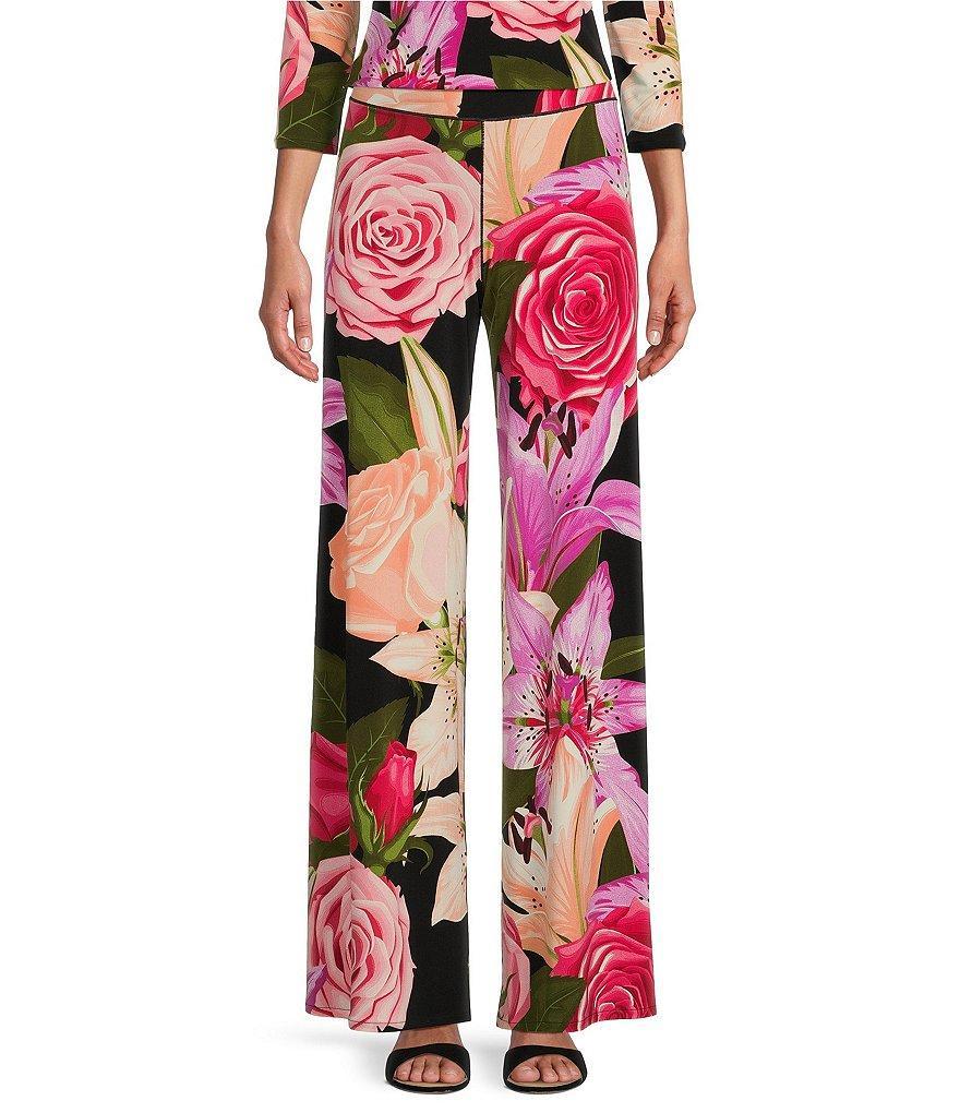 Eva Varro Mixed Floral Print Knit Jersey Elastic Waist Wide-Leg Pull-On Pants Product Image