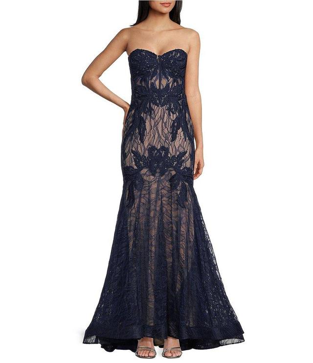 Blondie Nites Strapless Embellished Lace Tie Back Mermaid Gown Product Image