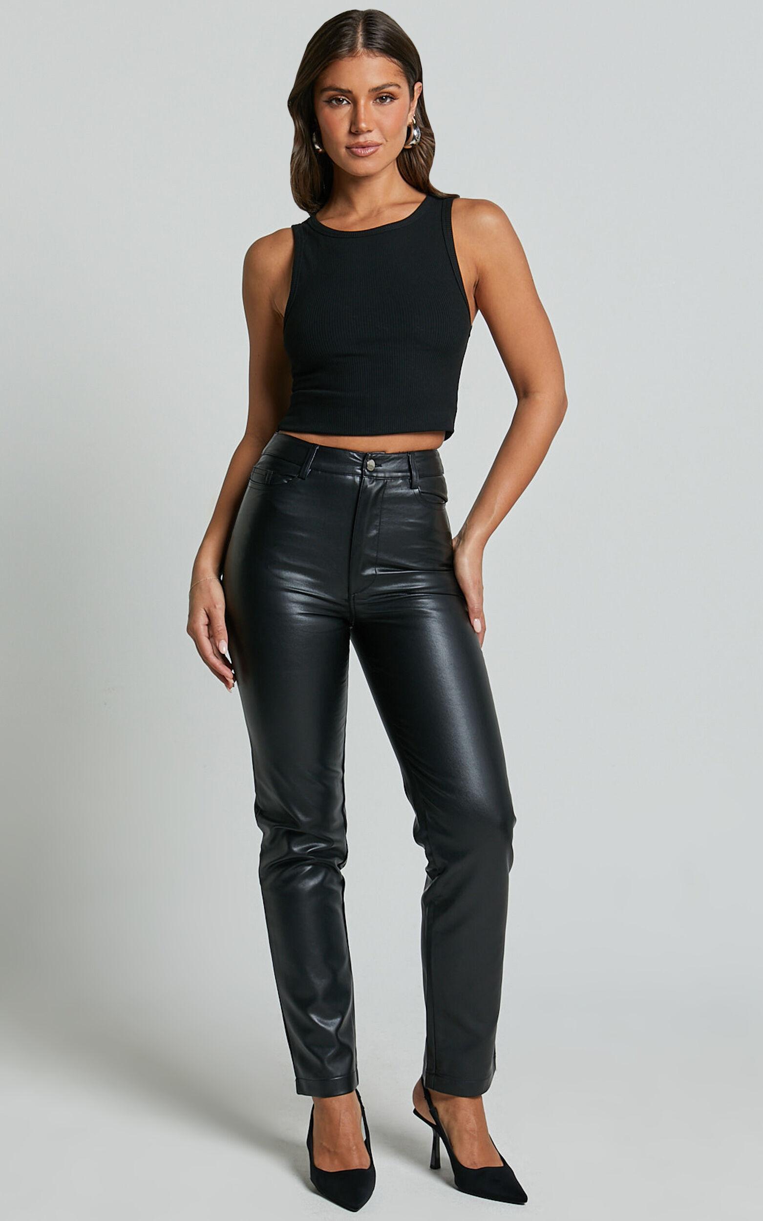 Dilyene Pants - Mid Waist Straight Leg Faux Leather Pants in Black product image