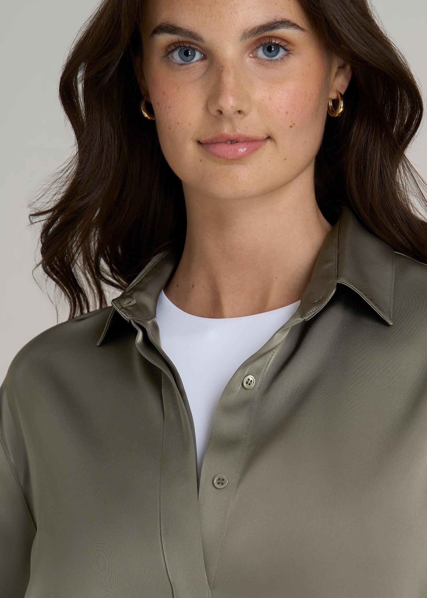 Relaxed Button Up Tall Women's Blouse in Camper Green Female Product Image