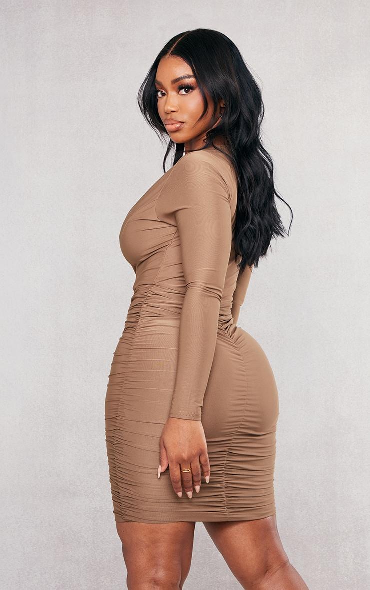 Shape Taupe Slinky Ruched Mini Dress Product Image