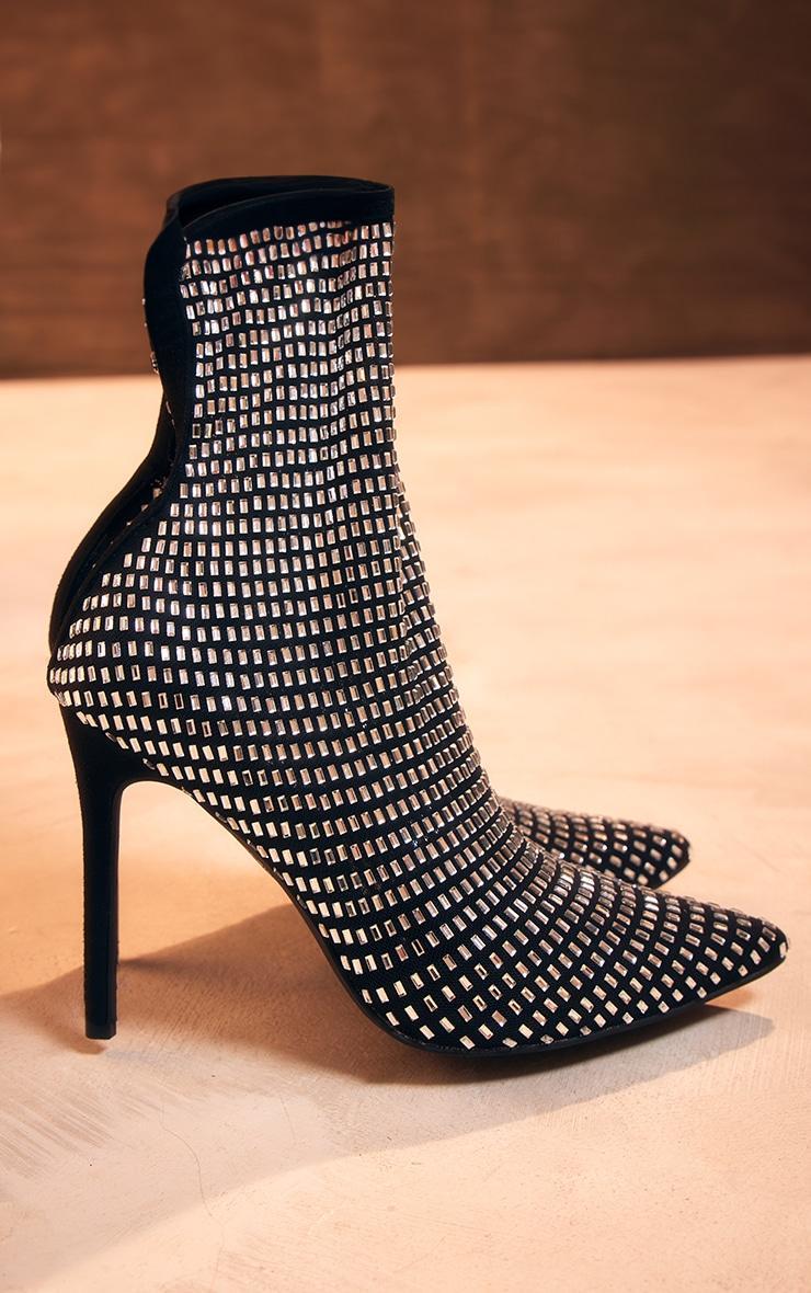 Black Mesh Point Toe Diamante High Heeled Sock Ankle Boots Product Image