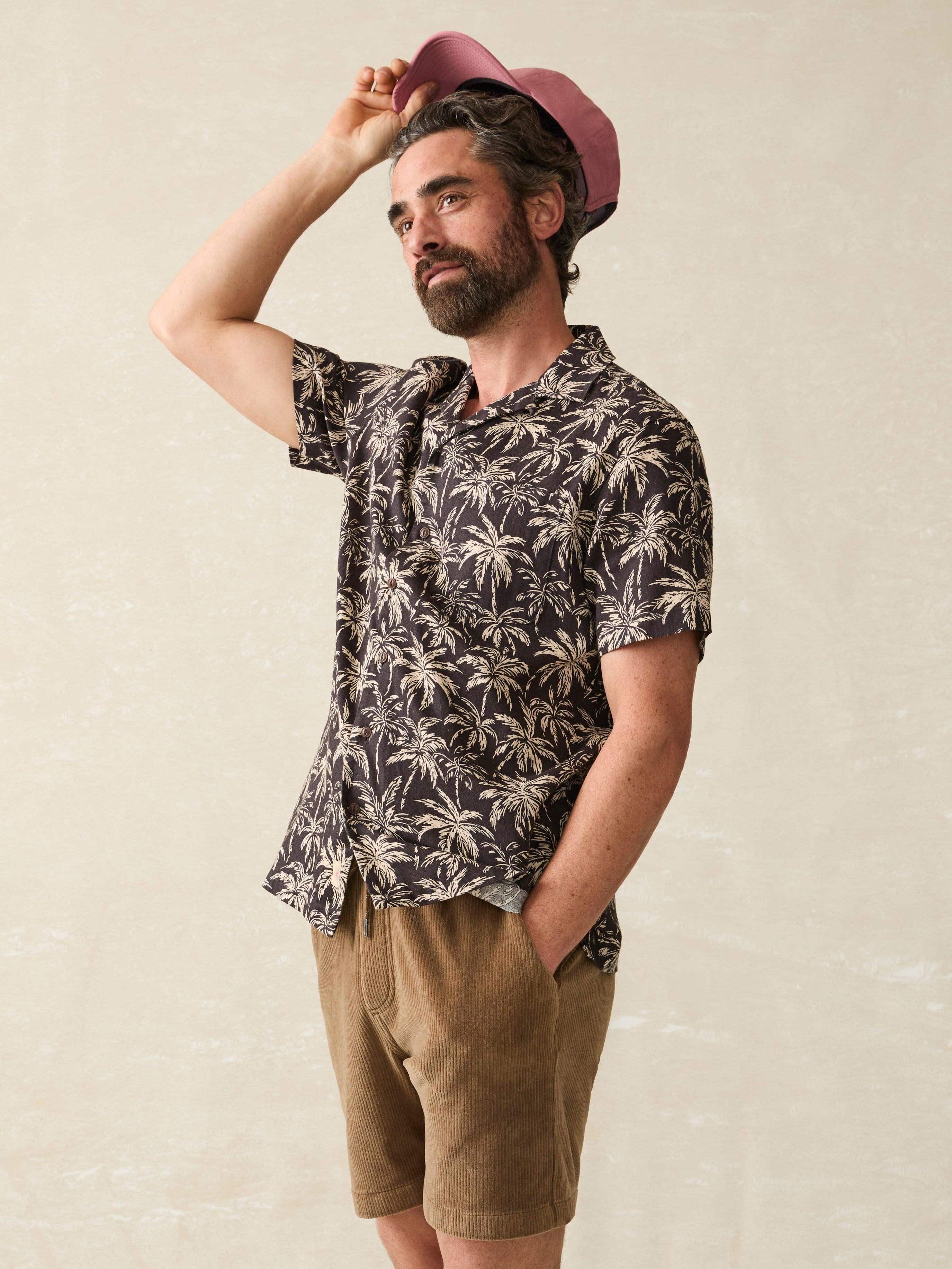 Short-Sleeve Hemp Blend Camp Shirt - Charcoal Tropic Trees Male Product Image