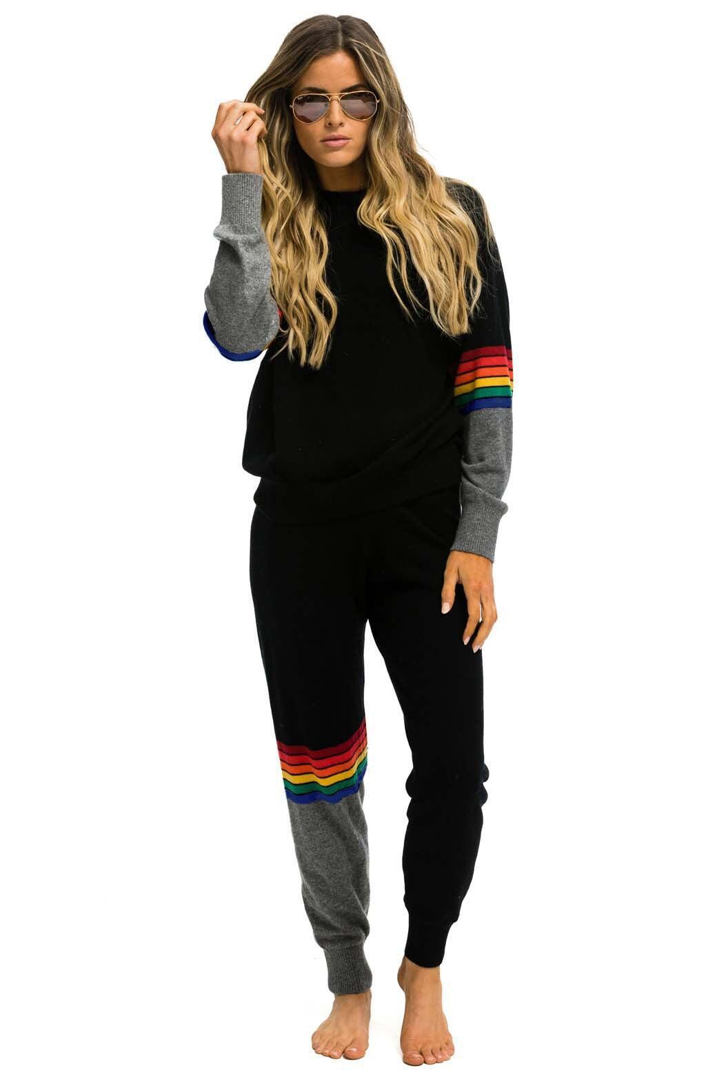 RAINBOW STRIPE CASHMERE LIGHT SWEATER PANT	- BLACK // CHARCOAL Female Product Image