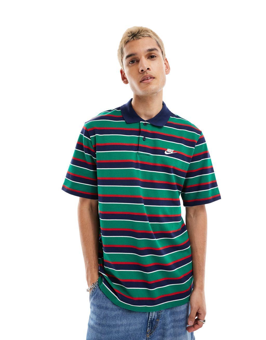 Nike Club striped polo shirt in navy and green Product Image