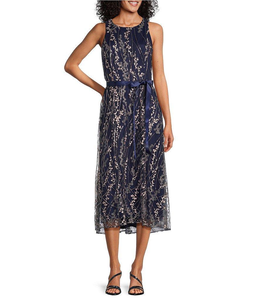 Alex Evenings Sleeveless Crew Neck Tie Waist Embroidered Fit and Flare Midi Dress Product Image