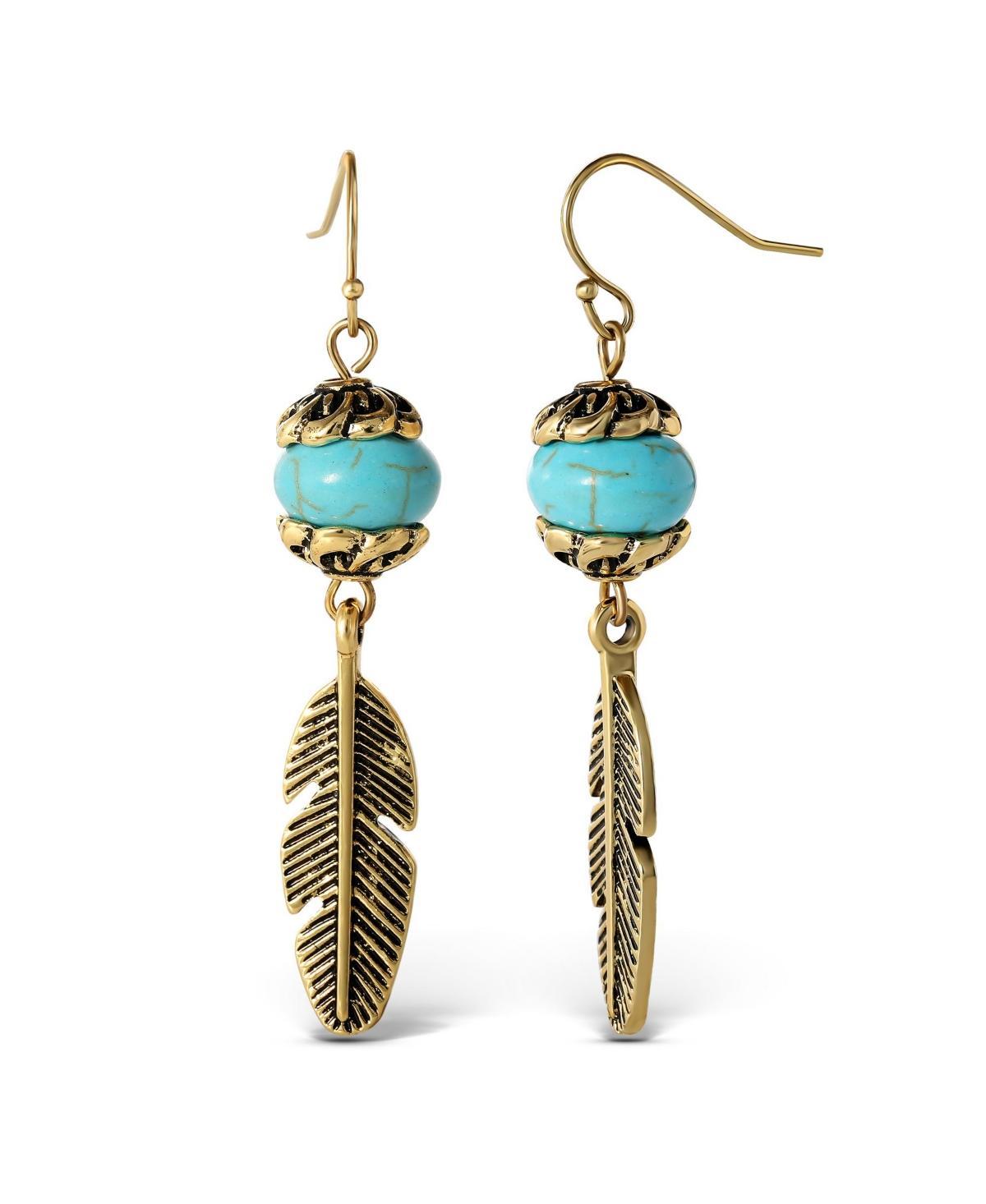 Jessica Simpson Womens Turquoise Bead Feather Drop Earrings - Oxidized Gold-Tone or Silver-Tone Turquoise Earrings Product Image