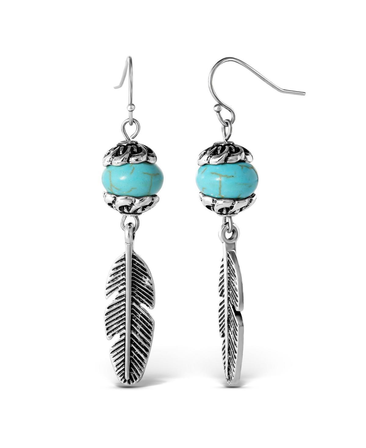 Jessica Simpson Womens Turquoise Bead Feather Drop Earrings - Oxidized Gold-Tone or Silver-Tone Turquoise Earrings Product Image