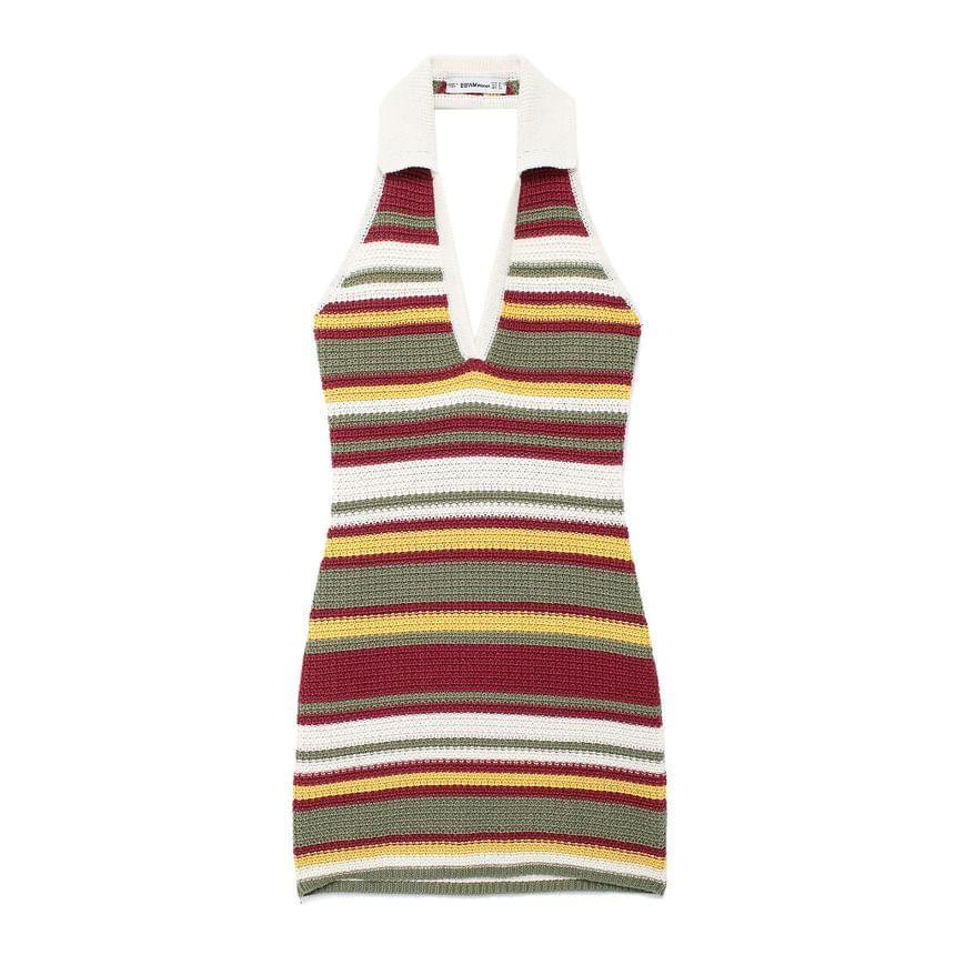 Halter Striped Mini Bodycon Knit Dress Product Image