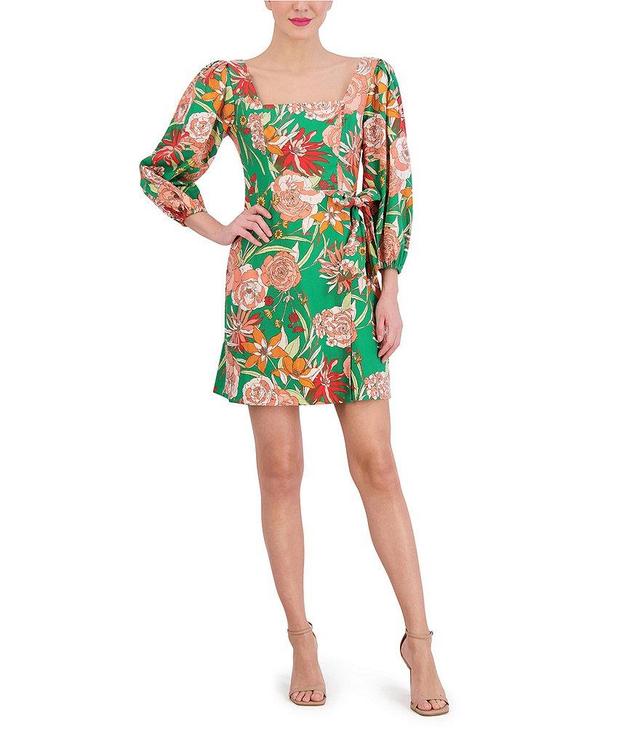 Vince Camuto Linen Blend Floral Print Square Neck 3/4 Sleeve A-Line Pocketed Dress Product Image