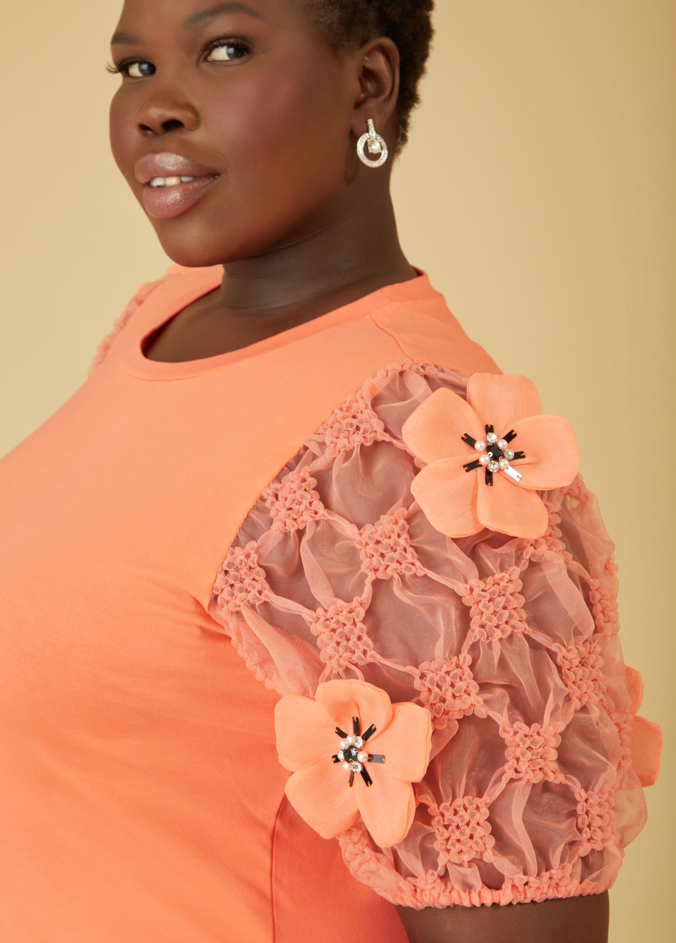 Plus Size Embellished Organza Sleeved Top, - Ashley Stewart Product Image