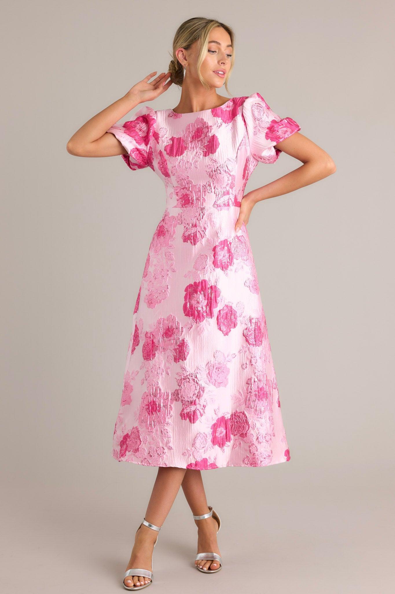 Luxe Living Light Pink Floral Jacquard Midi Dress Product Image